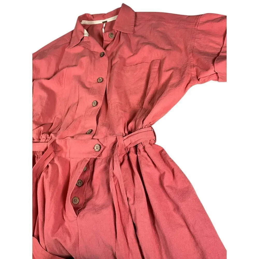 Free People Romper Coral Size XS Button Down Short Sleeve Belted Sinched Waist